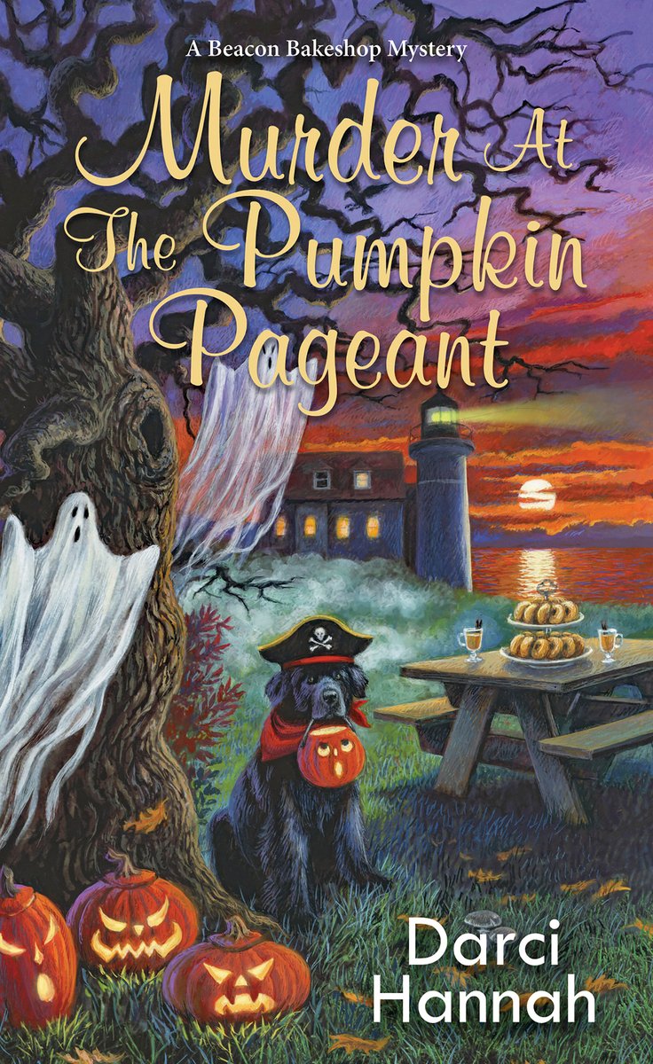 Murder At The Pumpkin Pageant by Darci Hannah, a fiction book cover depicting a sunset afar, a lighthouse, table bench, a dog, a tree, a ghost, and pumpkins.