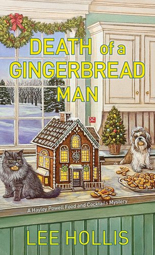Death of a Gingerbread Man by Lee Hollis book cover featuring a dog and a cat eating gingerbread cookies next to a large gingerbread house.