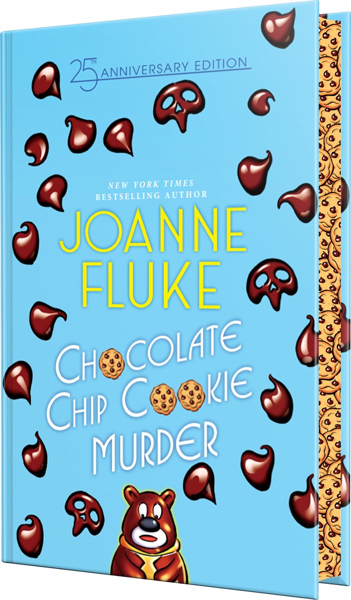 Chocolate Chip Cookie Murder by Joanne Fluke book cover in a bright blue with scattered illustrations of melting chocolate chips dripping all over. Centered in bright yellow uppercase letters is the author’s name JOANNE FLUKE, while just above it in smaller type, “25th ANNIVERSARY EDITION” signals the celebratory nature of this collector’s release. Below the author’s name, the title “CHOCOLATE CHIP COOKIE MURDER” appears in large white handwritten-style script, with the "Murder" wordplayfully accented by a chocolate chip replacing the “o” in "Cookie.”