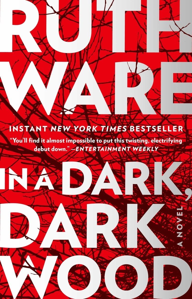 Cover of "In a Dark, Dark Wood:" by Ruth Ware. The back is all red with black lines going in many different directions.