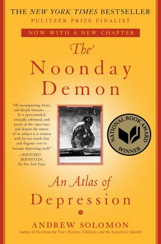 Dark yellow bookcover with red words and red lines on each side. Book cover of "The Noonday Demon: An Atlas of depression" by Andrew Solomon. Middle of bookcover shows a black and white caricature of a man sitting down with his back turned