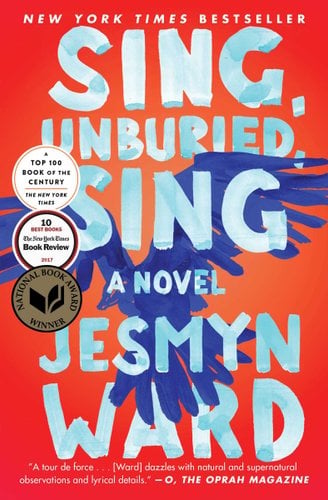 Sing, Unburied, Sing by Jesmyn Ward, book cover. A warm-colored background with a painted, flying blue gird in the center.