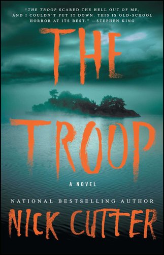 Book cover The Troop by Nick Cutter. Shows an island in the oceans with fog around it.