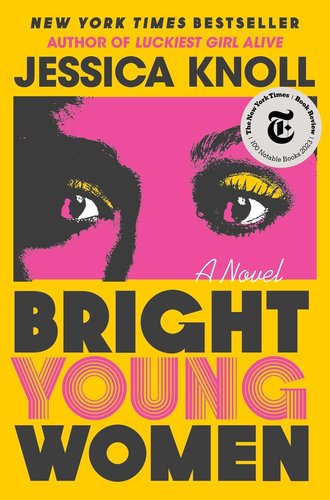 The top of a woman's face can be seen in a square space in pink. The author's name is above the square in black letters. The title is in large, black and pink letters. All of it sits against a dark yellow background.