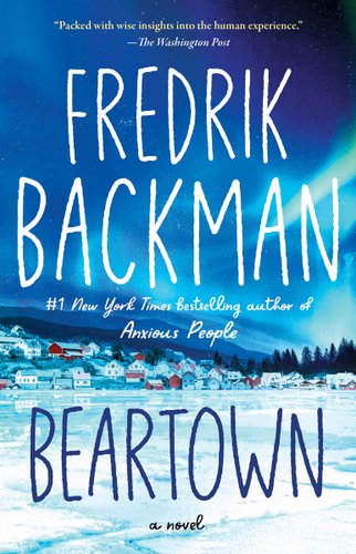 A town with a frozen lake in front and a sky with Northern Lights above