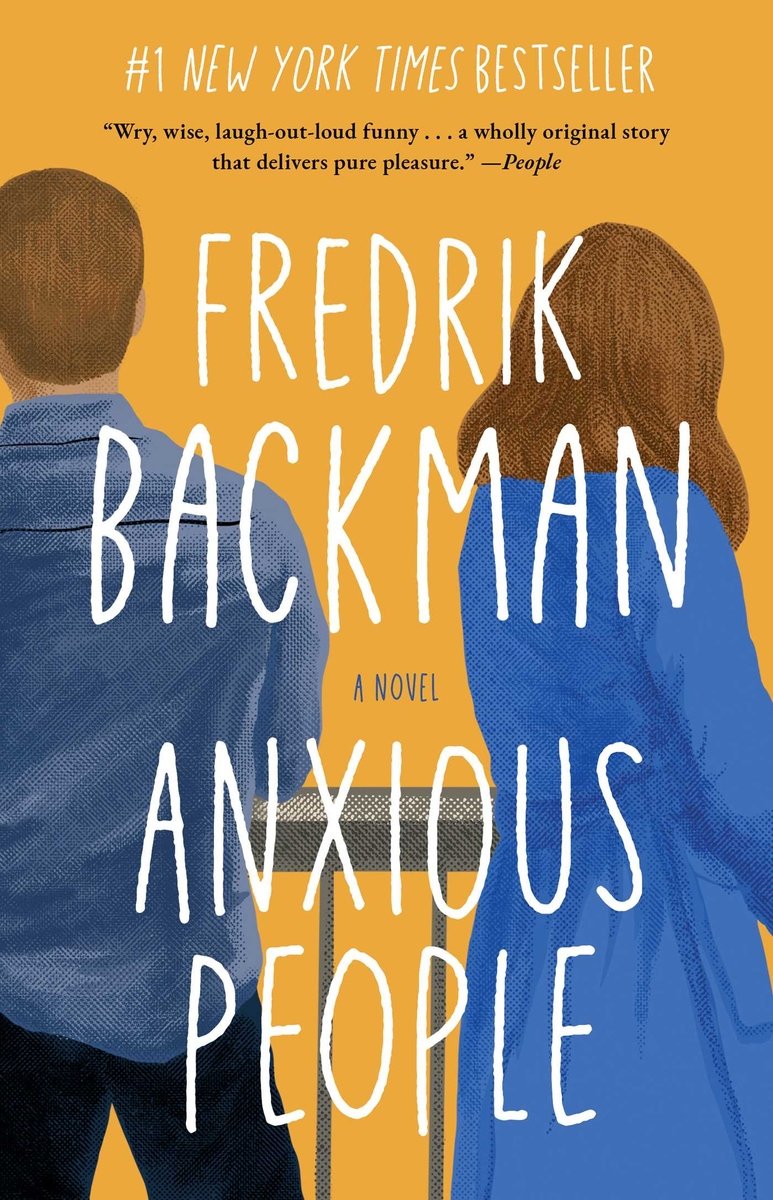 Book cover for Anxious People by Fredrik Backman showing silhouettes of two people viewed from behind against a gradient background that transitions from orange at the top to blue at the bottom. The title appears in large white handwritten-style text split between 'ANXIOUS' in the blue section and 'PEOPLE' in the orange section. The cover notes it's a #1 New York Times Bestseller and identifies it as 'A Novel'.