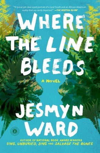 Book jacket of Where the Line Bleeds by Jesmyn Ward. Two faces made of leafy yellow, gold, and various shades of green vegetation stare at each other.
