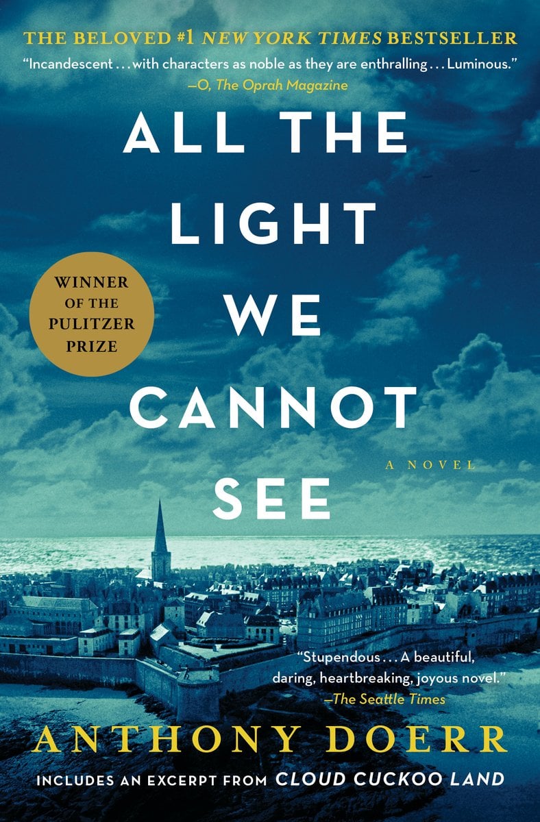 All the Light We Cannot See by Anthony Doerr book cover features the skyline of a town with water behind it and the blue sky. A teal tint has been added over it with the title across the sky in bright all caps font.