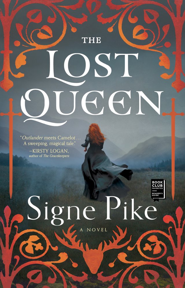 The Lost Queen by Signe Pike, book cover. A woman with her back to the view is running amidst an open field. She is wearing a long blue dress and has red hair.