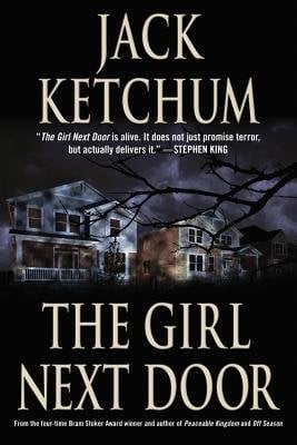 Cover of the The Girl Next Door by Jack Ketchum, a dark book about the kidnapping of two girls. The cover is a dark room and stormy night, with two large houses, one blue and the other yellow. There is a tree brank across the middle of the cover, with the title written on the bottom of the cover.