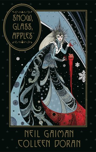 A black background with a painting of a woman with an elaborate crown and a heart dripping with blood. She stands in the center as it snows