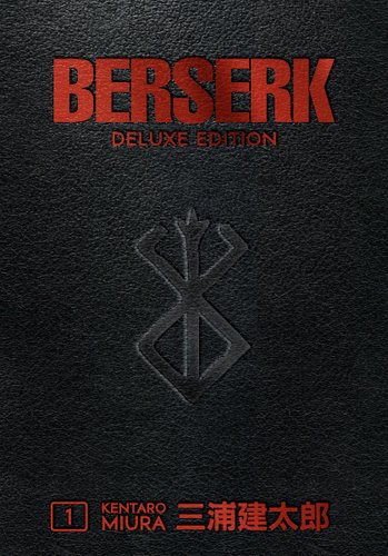Berserk by Kentaro Miura, manga book cover in black leather with red lettering and the Berserk symbol in the center.