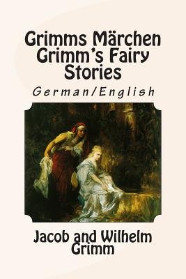 Grimms Märchen / Grimm’s Fairy Stories: Bilingual German/English By Jacob Grimm and Wilhelm Grimm a bilingual fiction book cover depicting a painting of a person wearing a light colored outfit sitting down, and a person in red hovering over them. This painting is set in the center of the cover with a cream colored background.