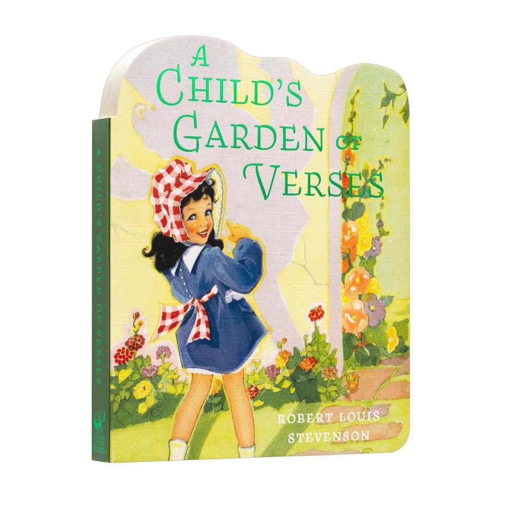 A Children's Garden Verses by Robert Louis Stevenson. A young girl in a plaid bonnet and apron stands in a garden, smiling and looking back.