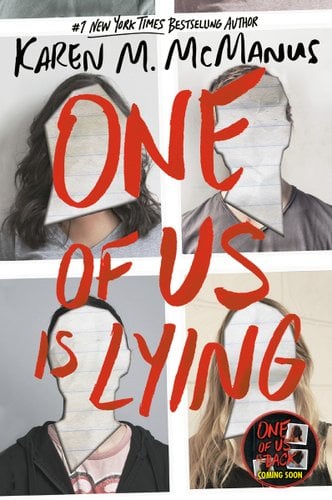 Yearbook photos with pieces of paper replacing people's faces. 'One of Us is Lying by Karen M. McManus' is written in red and black ink.