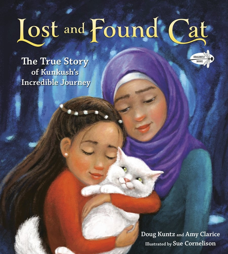 Lost and Found Cat by Doug Kuntz and Amy Clarice, a children's picture book depicting two girls, the one on the left wearing an orange shirt and hugging a white cat, the girl on the right wearing a purple headscarf and green shirt. The title is in gold text and set on a mystical, forest background.