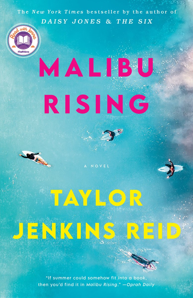 Cover of Malibu Rising by Taylor Jenkins reid. It is a blue background, representing the sea, with a birdseye view four people on surfboards, swimming in the water.