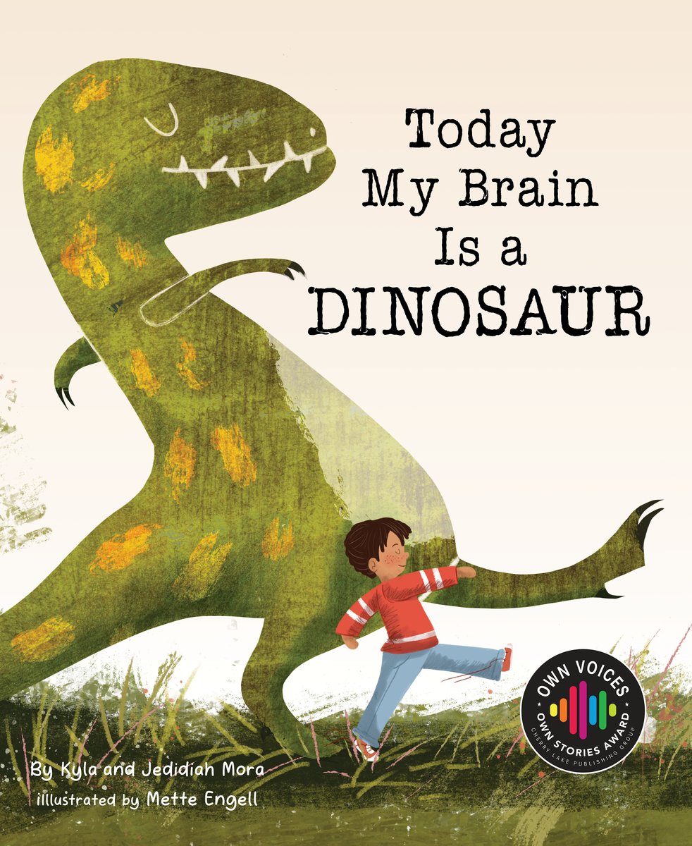 Today My Brain is a Dinosaur picture book cover by Kyla and Jedidiah Mora with a picture of a boy and a dinosaur walking in step across a grassy field.