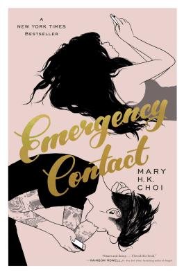 Book cover for Emergency Contact by Mary H.K. Choi. Two figures lay back to back, while checking their phones. The background is a cream color.