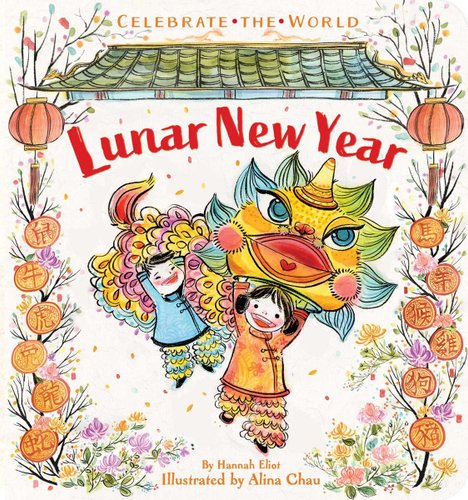 Two children holding dragon head and body for celebration.
