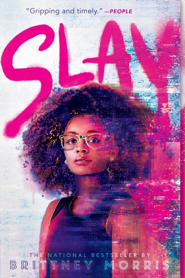 The cover of Slay depicts a young Black girl with glasses against a white background with pink effects around her to show her "glitching" out