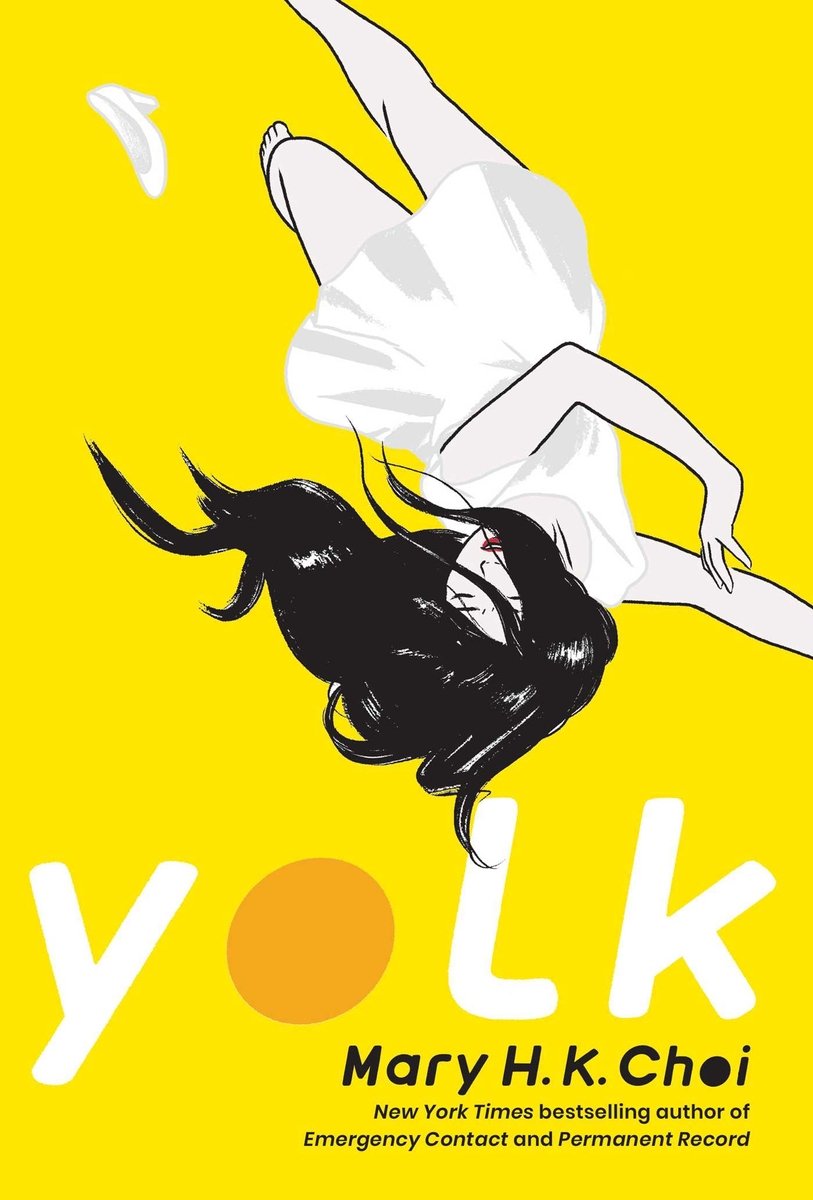 The cover of Yolk, a NA contemporary novel, features a bright yellow background with the illustration of a woman in a white dress and black hair falling head first.