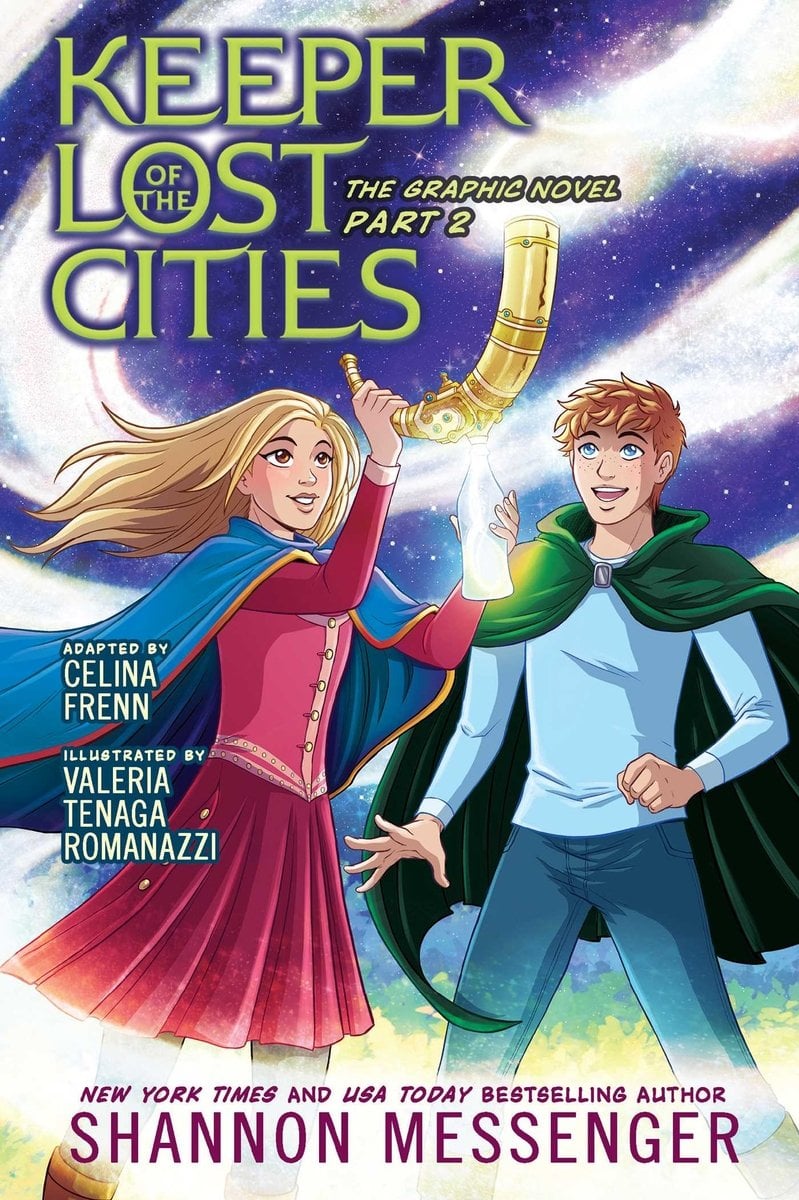Keeper of the Lost Cities The Graphic Novel Part 2: Volume 1 by Shannon Messenger, Illustrated by Valeria Tenaga Romanazzi, Adapted by Celina Frenn features the protagonist Sophie Foster and her companion standing prominently against a swirling, star-filled sky that conveys a sense of magic and adventure. Sophie holds a glowing, mystical object that draws the eye and hints at her hidden powers, while their elven-inspired attire and dynamic poses suggest action and high stakes. The rich jewel-toned background of purples, blues, and greens contrasts with the bright highlights on the characters, making them pop, and the series title is displayed boldly at the top in stylized gold letters, with the subtitle and volume information beneath.