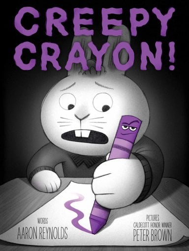 Creepy Crayon by Aaron Reynolds, illustrated by Peter Brown, interrogation setting in black and gray, white rabbit looking anxiously at snide purple crayon, book cover