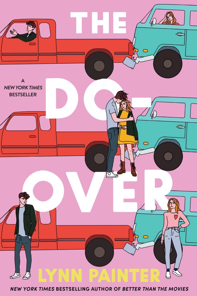 The Do-Over by Lynn Painter, a romance book cover depicting three rows of red trucks, on each row, it is towing a teal van. There is also a man wearing a gray shirt with a black jacket and a woman with a pink shirt and orange hair over a light pink background. The title is printed in a bold white font and the author's name is printed in a bold yellow font.