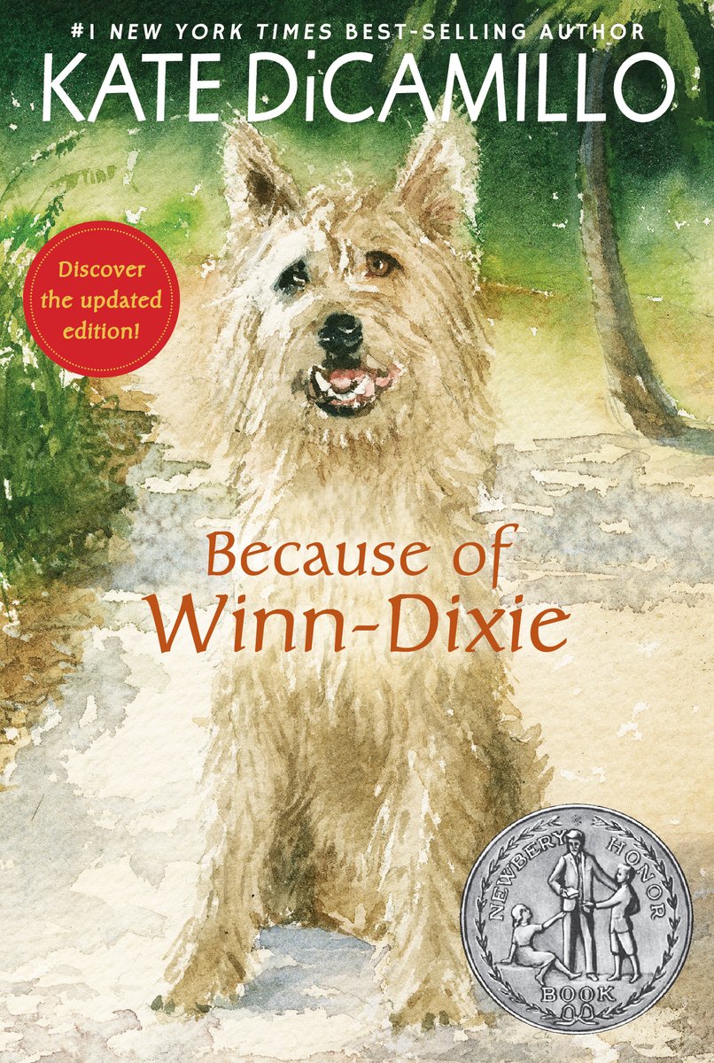 Because of Winn-Dixie by Kate DiCamillo shows a Berger Picard sitting in the middle of a dirt road in front of some trees and bushes.