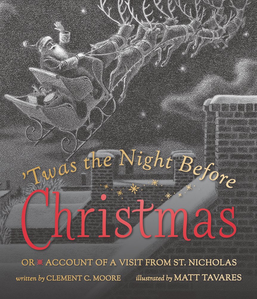 Book cover of "T’was the Night Before Christmas," written by Clement C. Moore and illustrated by Matt Tavares, featuring a grayscale illustration of Santa riding in a flying sleigh pulled by reindeer and turning back to wave at the viewer.