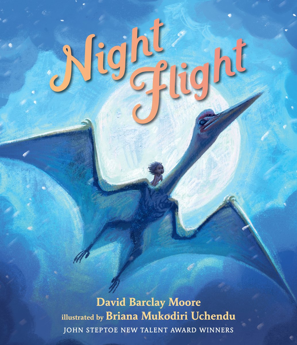 Book cover of Night Flight by David Barclay Moore, Illustrated by Briana Mukodiri Uchendu, featuring a brown-skinned child with short, curly hair riding on the back of a giant pterosaur in flight, silhouetted against a full moon.