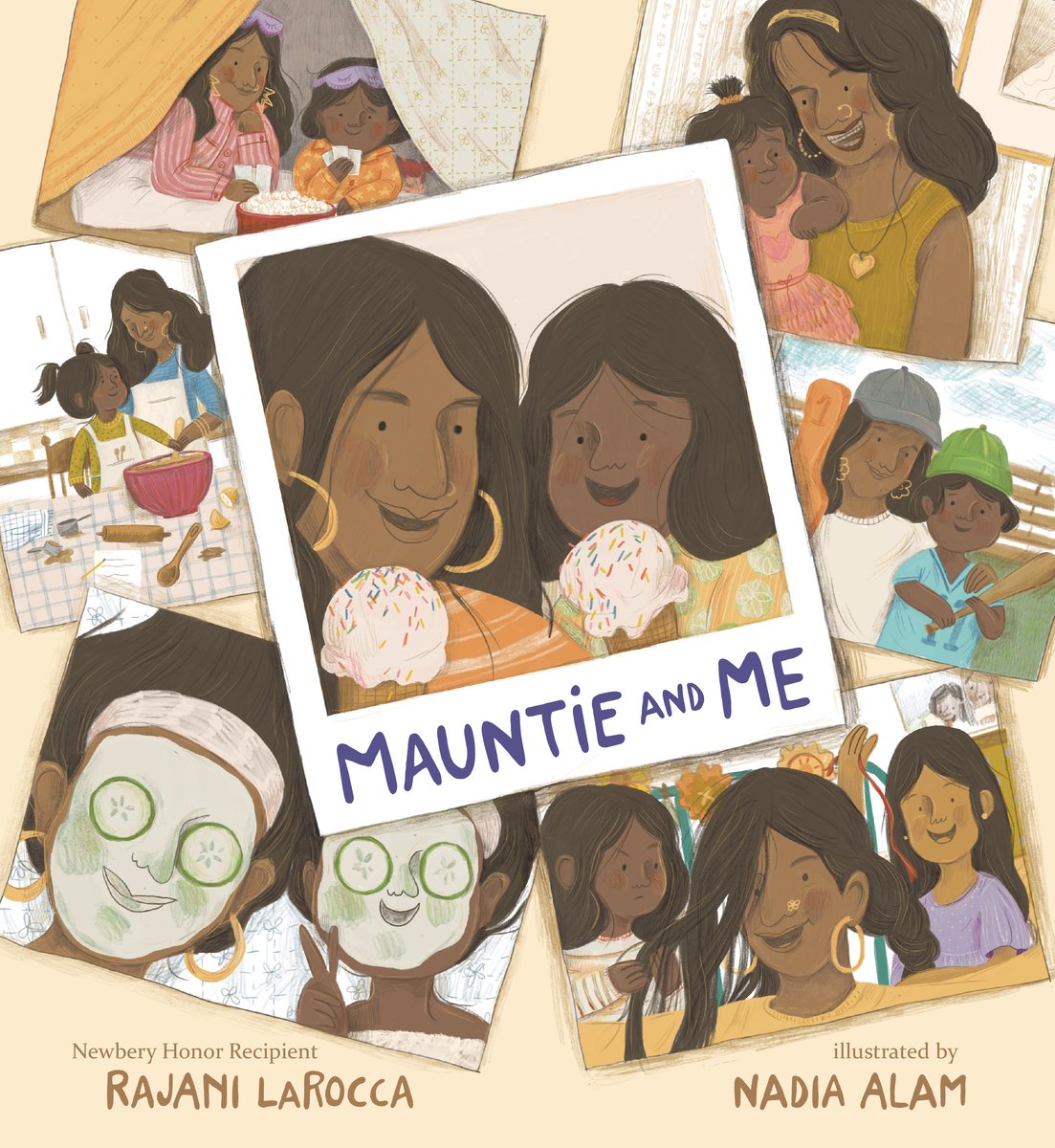 Book cover of Mauntie and Me by Rajani LaRocca, Illustrated by Nadia Alam, featuring a brown-skinned child with shoulder-length brown hair and a brown-skinned woman with long brown hair in a collection of photographs, including sharing ice cream cones and cooking together.