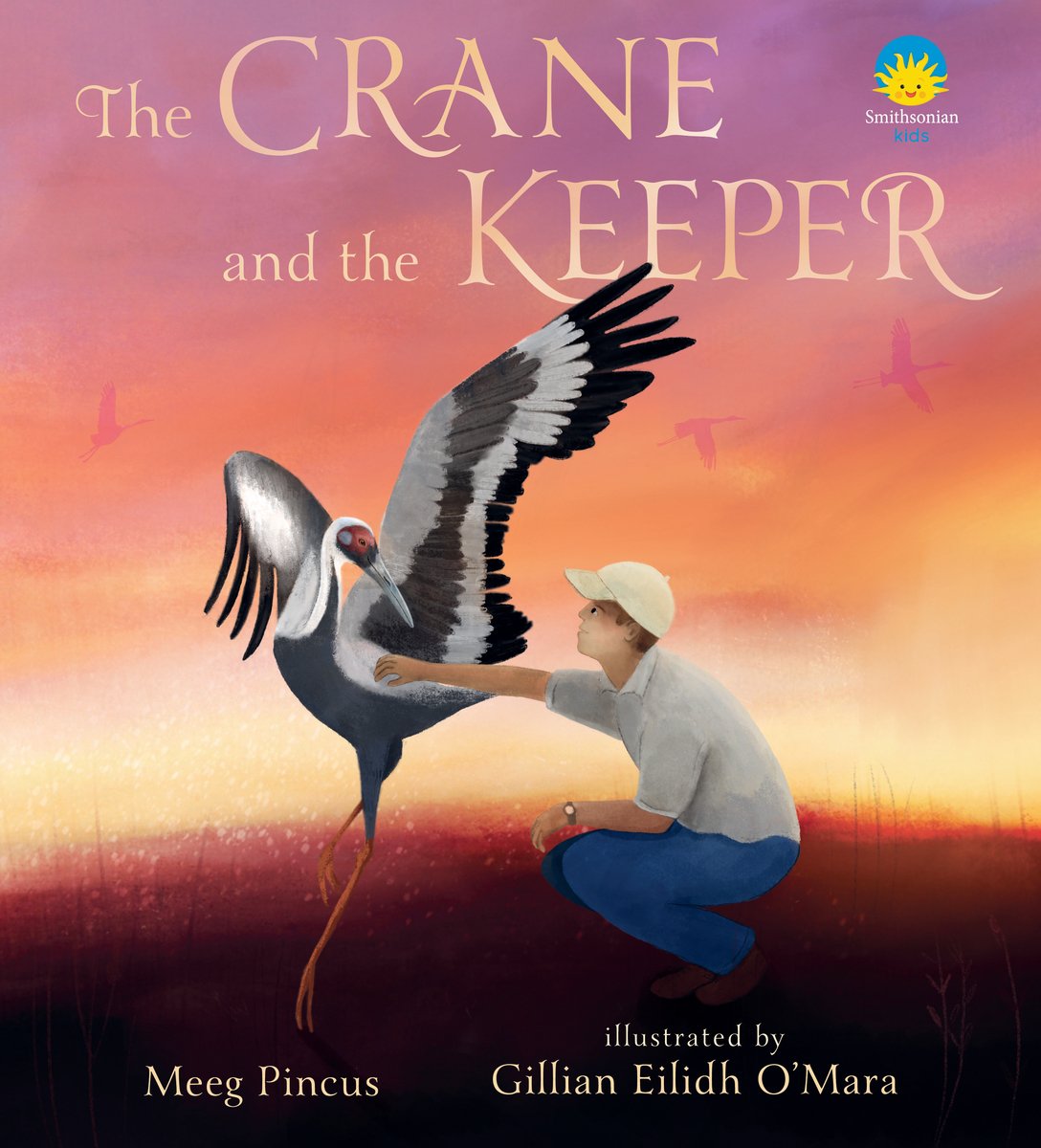 Book cover of The Crane and the Keeper by Meeg Pincus, Illustrated by Gillian Eilidh O’Mara, featuring a tan-skinned man with dark hair wearing a zookeeper uniform petting the side of a large white, black, and gray crane.