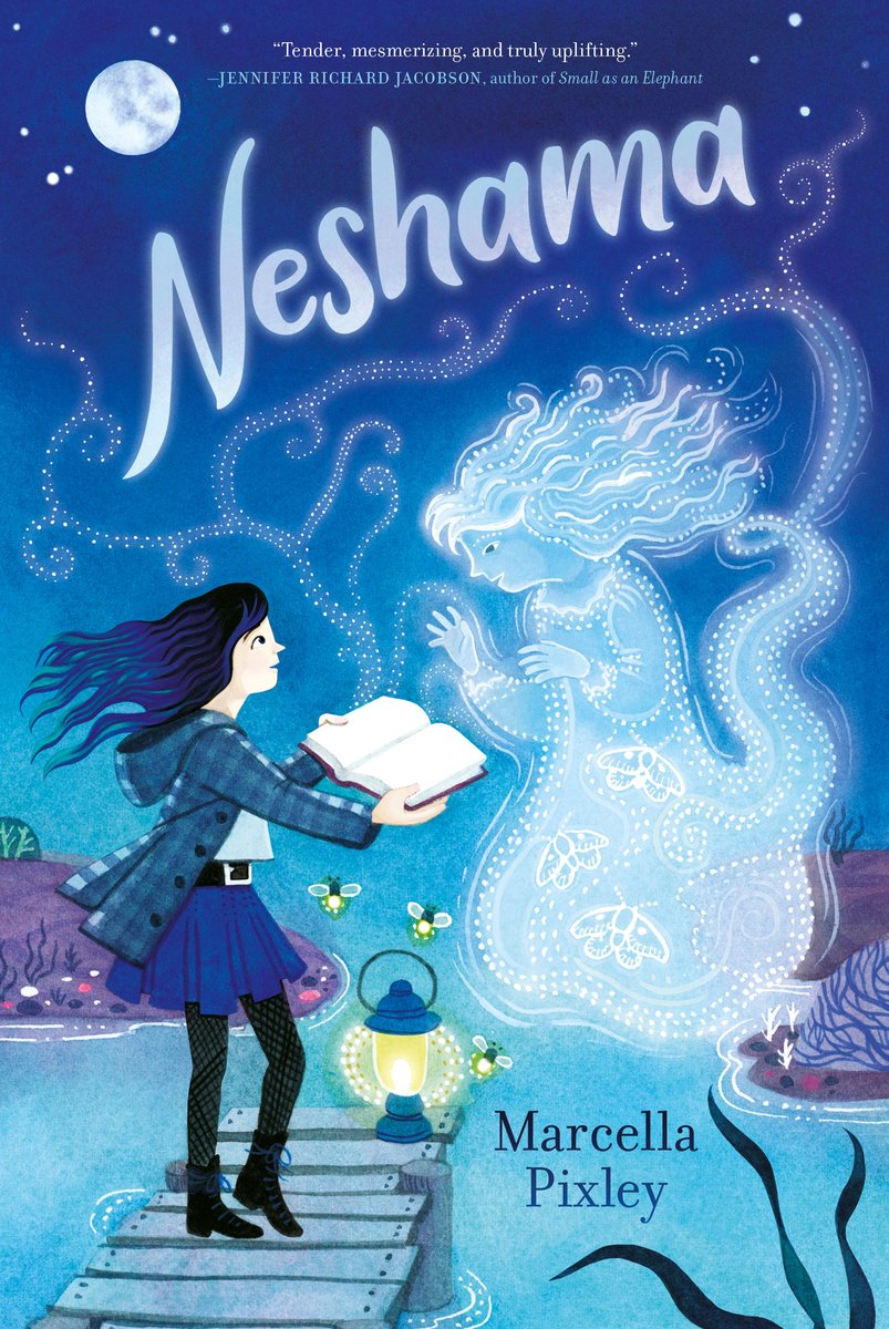 Book cover of Neshama by Marcella Pixley, featuring a light-skinned child with long, wavy dark purple hair, holding an open book out to an ephemeral human-like spirit with long, wavy hair while standing on a dock.