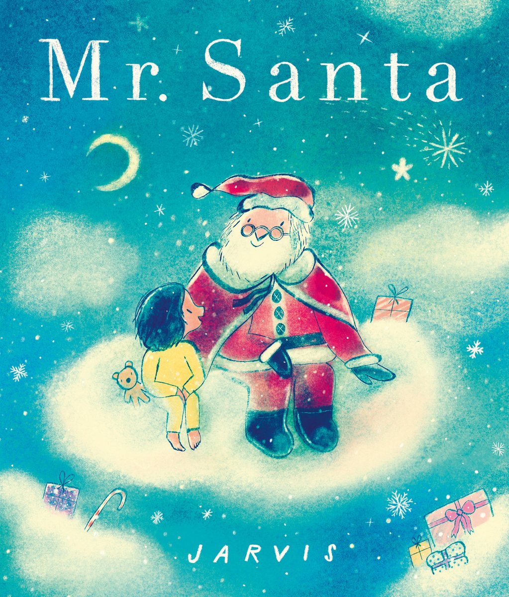 Book cover of "Mr. Santa" by Jarvis, featuring a brown-skinned child in yellow pajamas sitting on a cloud next to a light-skinned Santa Claus against a starlit night sky.