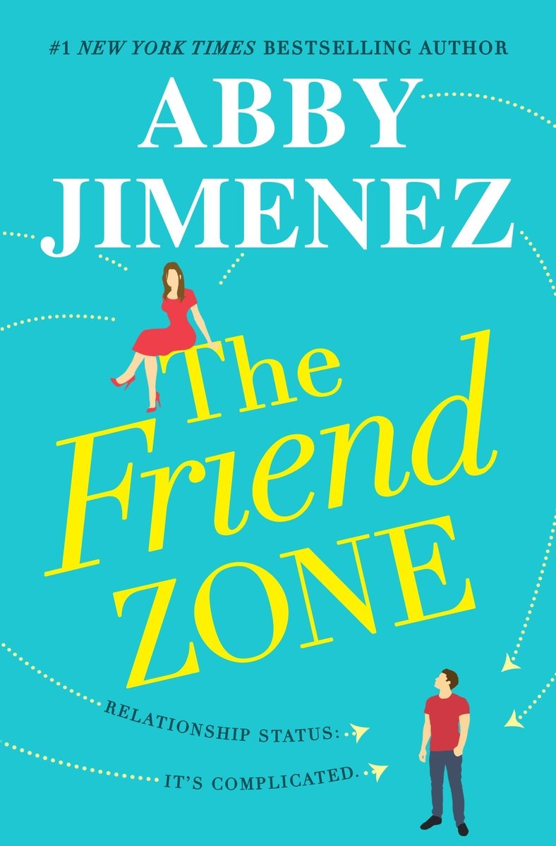 The Friend Zone by Abby Jimenez. Dotted lines arcing into the shape of a heart emanate from an illustrated woman where she sits on the "The" of the title text, an illustrated man looking up at her.