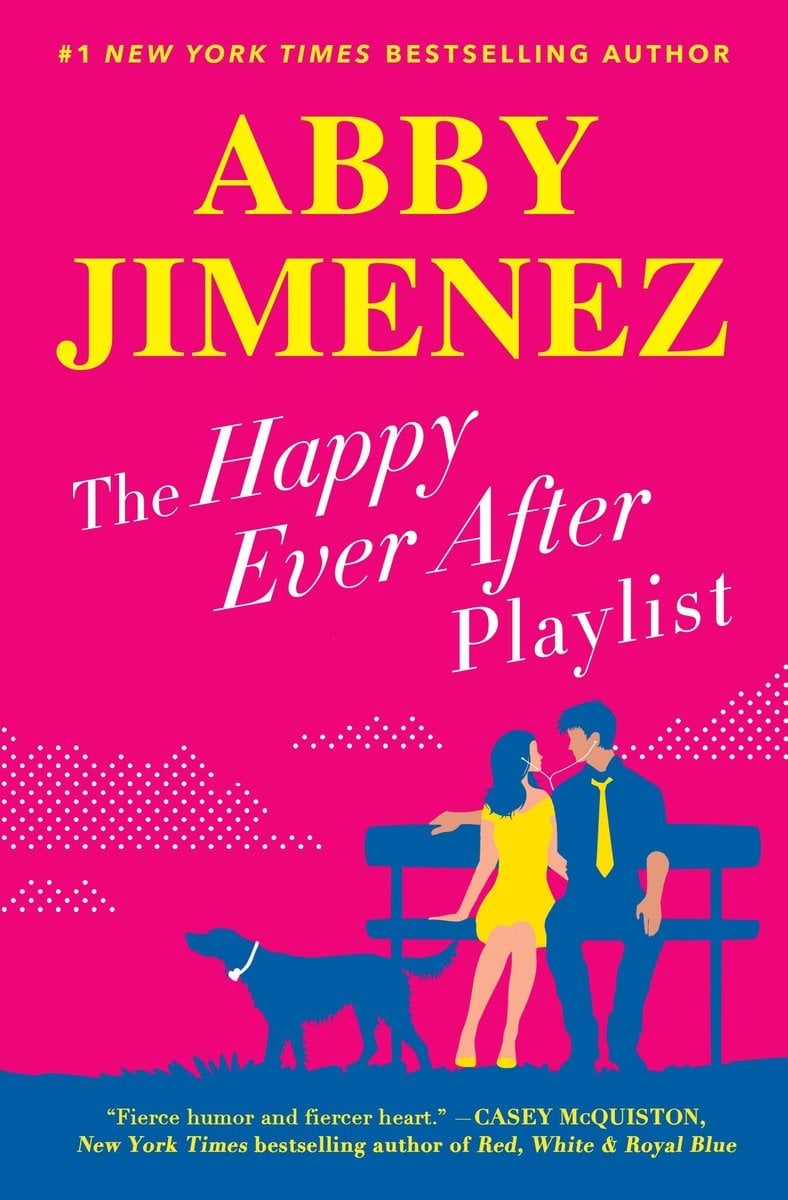 The Happy Ever After Playlist by Abby Jimenez book cover is set against a bold fuchsia pink background, the illustration centers on a couple seated side‑by‑side on a simple dark bench. The woman, dressed in a bright yellow outfit, leans towards the man, who wears a navy suit with a yellow tie—this splash of yellow ties them together visually and adds energetic contrast. On the grass in front of them stands a dog, depicted in silhouette with the same navy tone as the man, hinting at the pet’s importance in the story. Above the figures, the title is rendered in elegant white serif typography, with “The Happy Ever After” stacked above “Playlist,” balancing the image‑weight of the couple below. The author’s name appears at the bottom in strong yellow type that echoes the clothing accents. Subtle dotted cloud‑like patterns drift across the horizon line, adding texture to the background while maintaining the clean, graphic‑style feel.