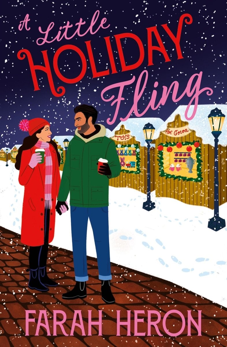 A Little Holiday Fling by Farah Heron holiday romance book cover depicting a man and a woman with medium-light skin tone walking down a brick pathway with warm to-go cups in their hands while it snows. Behind them are shops lined with lights and greenery for the season.