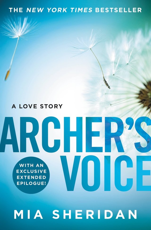 Archer's Voice by Mia Sheridan, book cover. Light blue background with a dandelion on the side and blue title.