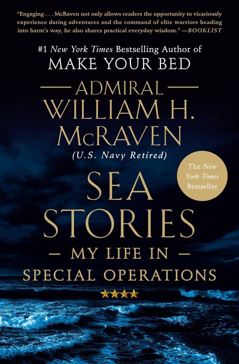 Sea Stories by William H. McRaven book cover of the sea at nighttime in a dark light.