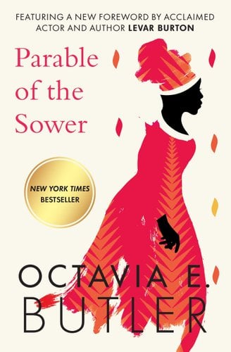 Parable of the Sower by Octavia E. Butler book cover. The silhouette of a Black woman in a red dress with two rows of orange triangles pointing downwards on it and a matching head wrap walks towards the right side of the cover.