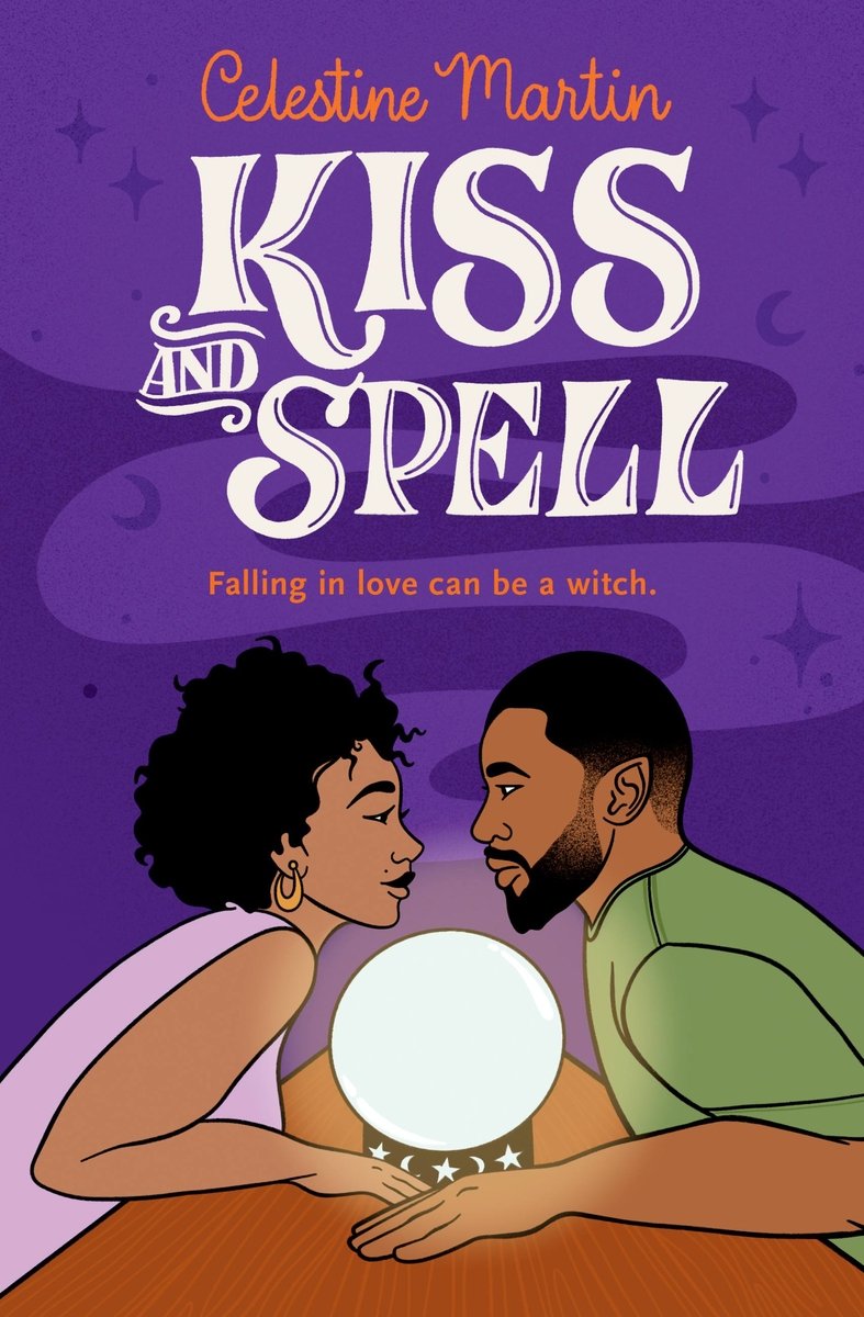 Kiss and Spell by Celestine Martin book cover features a couple: man and woman, sitting with a crystal globe in between them while they stare into each other's eyes. Set against a dark purple background, there is a light purple trail of smoke leading from the couple to the top with stars and crescent moons through out it. The title is in bold, white font with the author's name at the very top in script in a orange color.