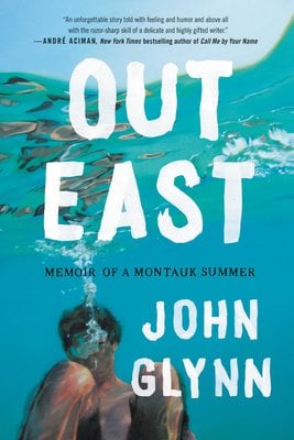 Out East by John Glynn, book cover. Underwater, the image shows the tip of the surface as a man curls up into a ball to sink under the water.