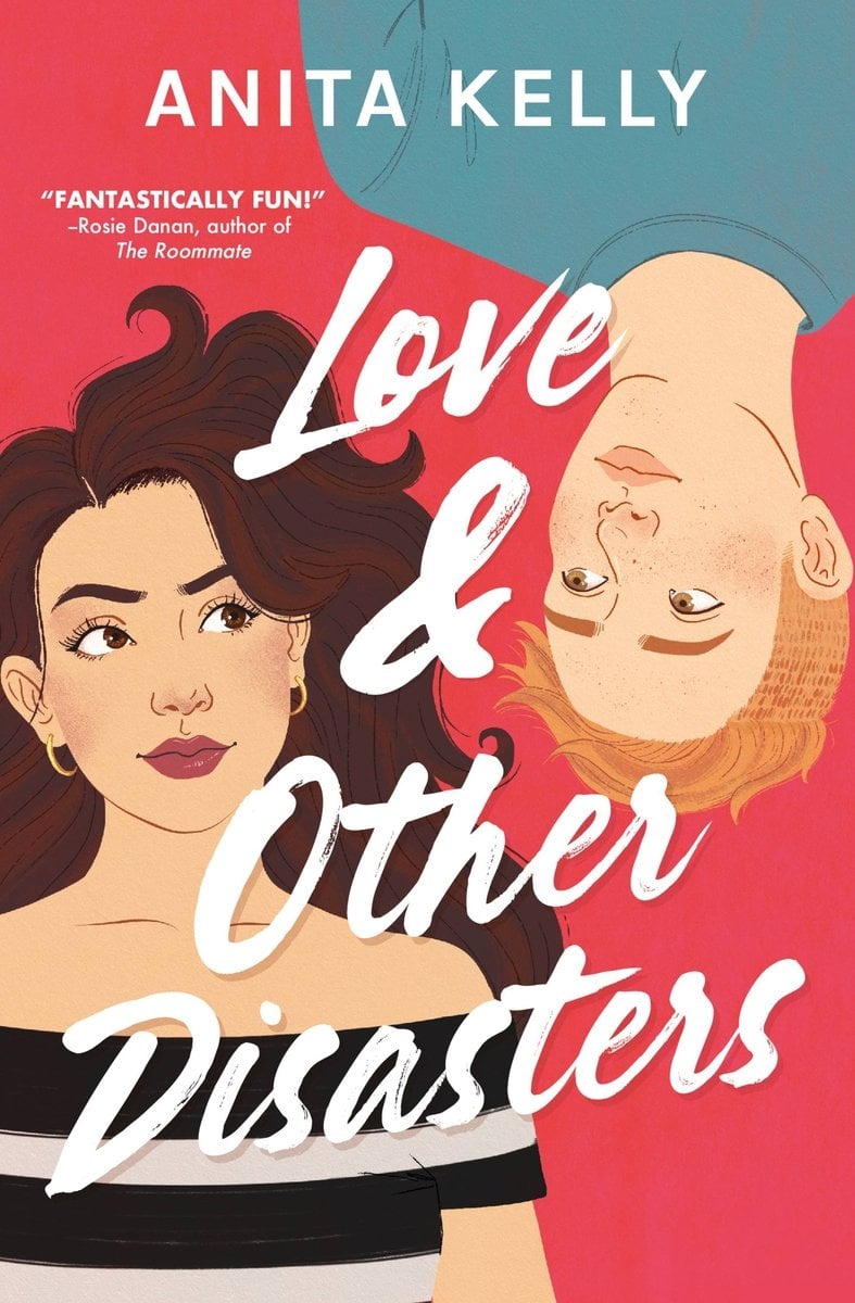 Love & Other Disasters by Anita Kelly, red book cover featuring an illustration of the two main characters laying side by side, two people with dark and red hair.