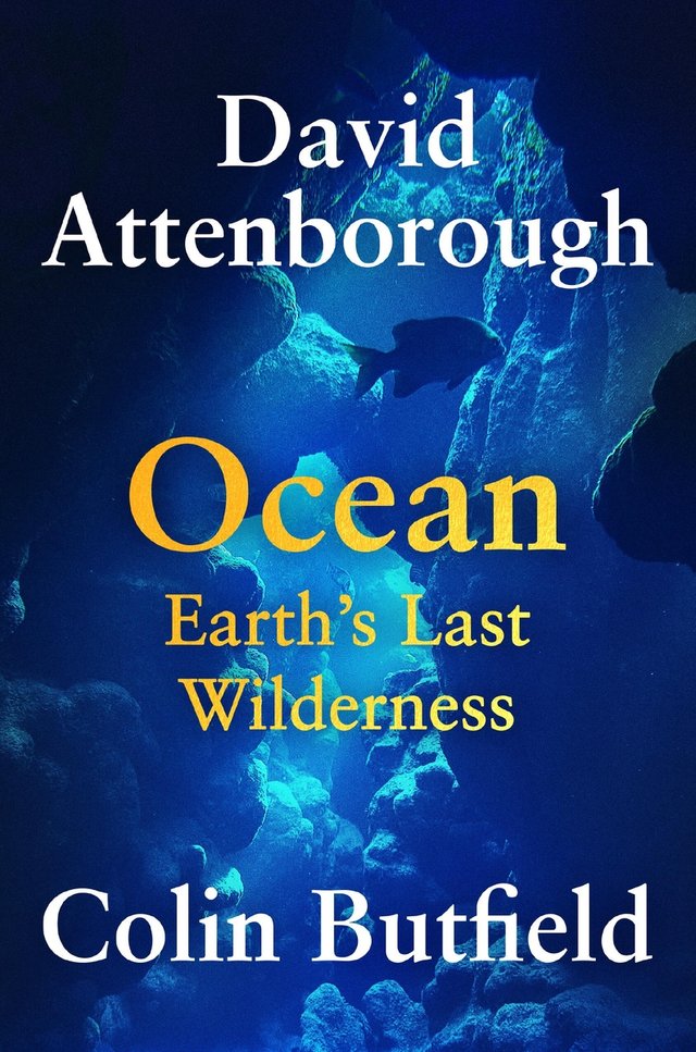 Ocean: Earth's Last Winderness by Sir David Attenborough and Colin Butfield, a nonfiction book cover of the depths of the ocean. Coral overlaps each other creating a cave-like effect with a deep-sea fish swimming by.