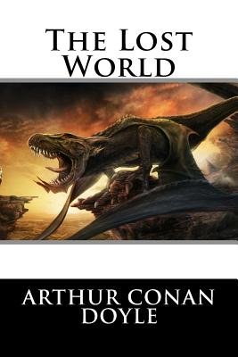 This book cover for The Lost World by Sir Arthur Conan Doyle features an artist's rendering of a T-Rex roaring over the side of a cliff, set against a sky that is more orange and gold than blue and white.