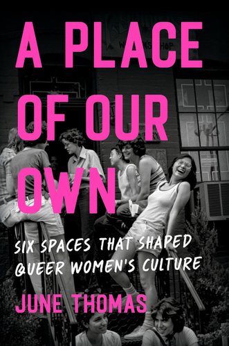 A Place of Our Own by June Thomas cover, a group of women laughing and smiling while sitting on the stoop of a building.