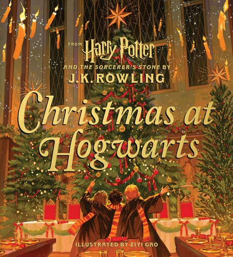 Christmas at Hogwarts with Hermione, Ron, and Harry stand with their backs to the viewer staring at a huge Christmas tree surrounded by presents. Floating candles are above them.