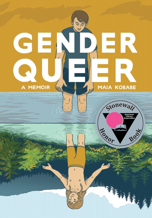 The cover of Gender Queer depicts a split illustration with a boy at the top in knee-deep water and a young girl upside down also wading in the water